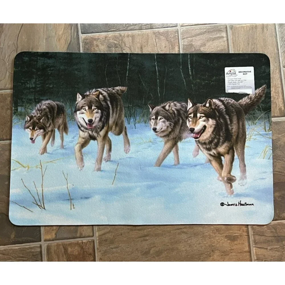 Wolves Door Mat On The Move by James Hautman Indoor Cabin Winter Scene Wolf Pack